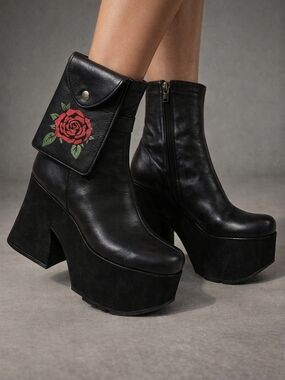 Black Platform Ankle Boots with Detachable Red Rose Purse
